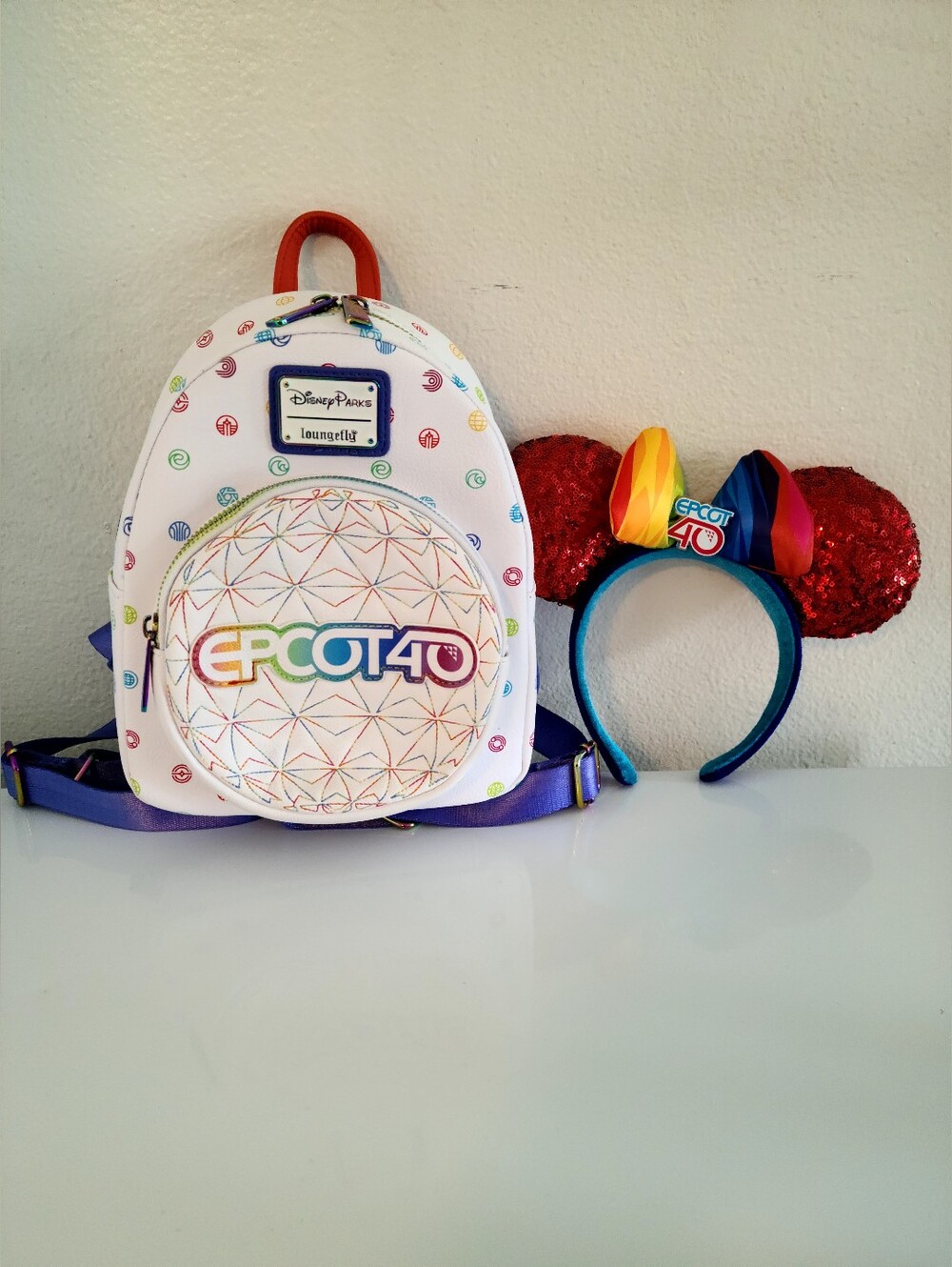 Loungefly Disney White EPCOT 40 Backpack with Rainbow Logo and Matching Ears